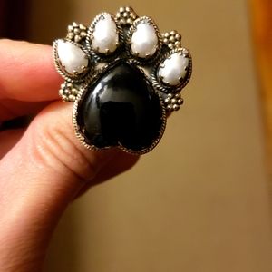Onyx and Pearl paw print ring